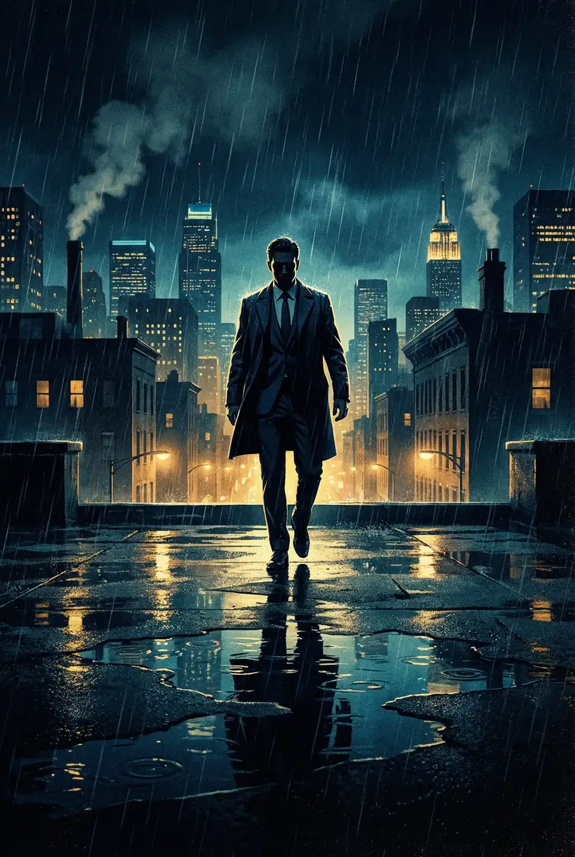 久别的草原在线观看免费视频 出品影片《雨夜独行者》海报，雨中城市屋顶男性剪影